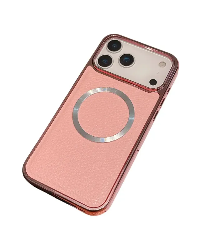 Coque iPhone 17 Pro Max Effet Cuir Grainé et Contour Métal