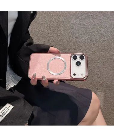 Coque iPhone 17 Pro Max Effet Cuir Grainé et Contour Métal Or Rose - photo 11