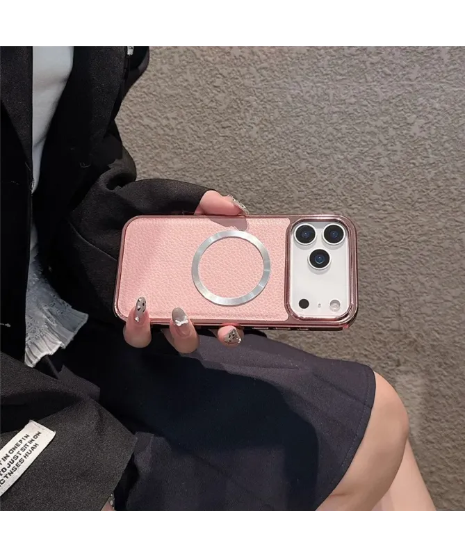 Coque iPhone 17 Pro Max Effet Cuir Grainé et Contour Métal