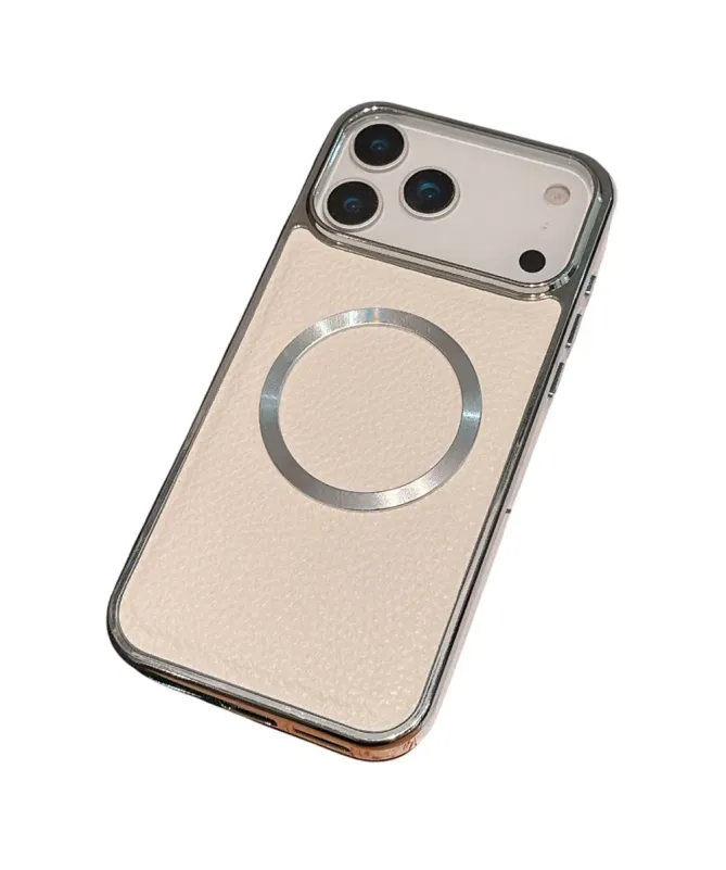 Coque iPhone 17 Pro Max Effet Cuir Grainé et Contour Métal