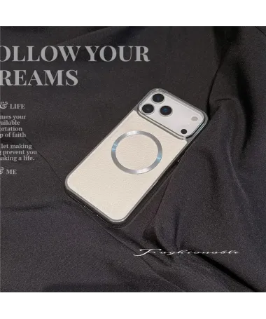 Coque iPhone 17 Pro Max Effet Cuir Grainé et Contour Métal Beige Clair - photo 13