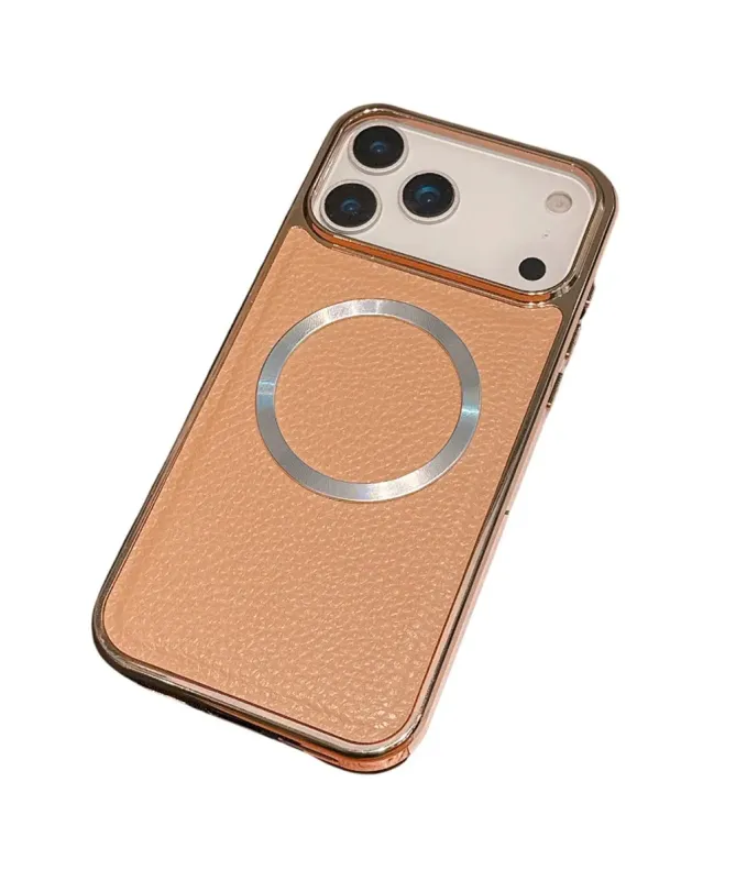 Coque iPhone 17 Pro Max Effet Cuir Grainé et Contour Métal