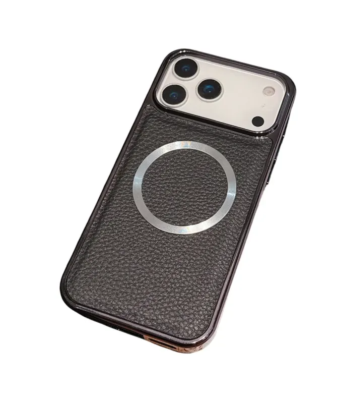 Coque iPhone 17 Pro Max Effet Cuir Grainé et Contour Métal