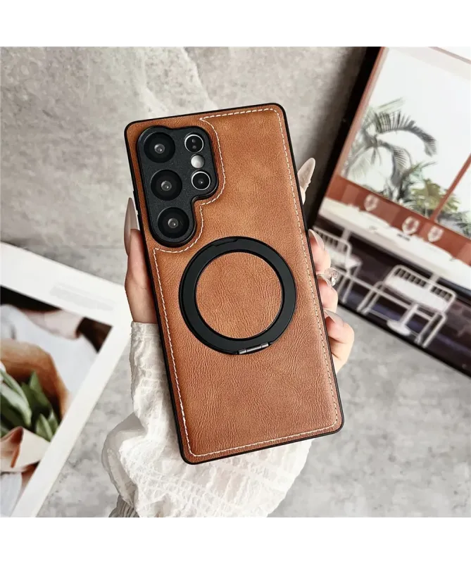 Coque Samsung Galaxy S25 Ultra Effet Cuir Surpiqué avec Anneau