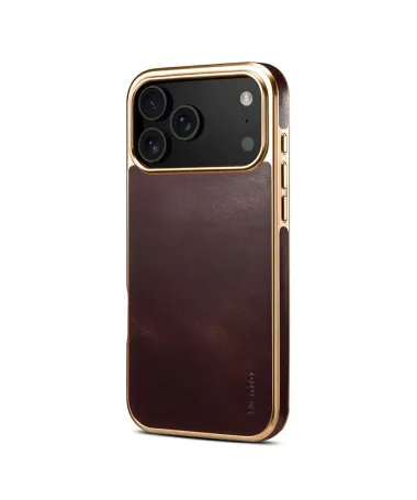 Coque iPhone 17 Pro Max Cuir Ciré et Contours Dorés
