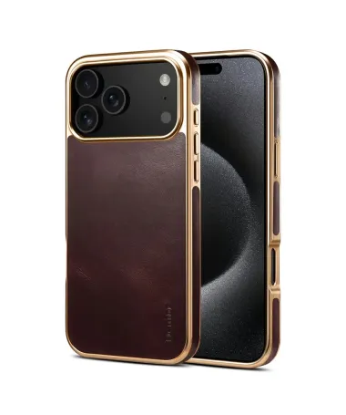 Coque iPhone 17 Pro Max Cuir Ciré et Contours Dorés