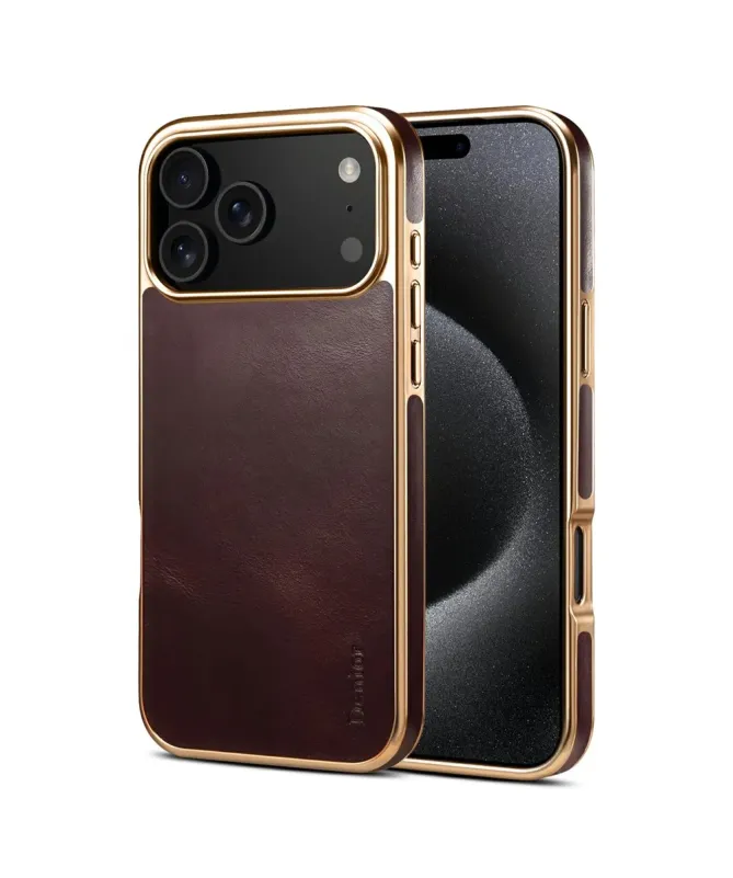 Coque iPhone 17 Pro Max Cuir Ciré et Contours Dorés