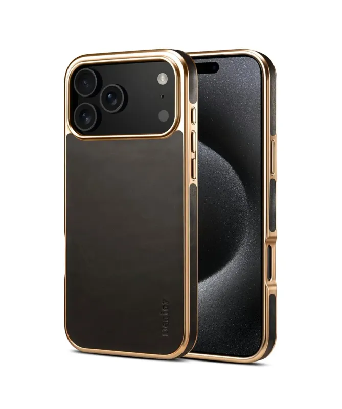 Coque iPhone 17 Pro Max Cuir Ciré et Contours Dorés