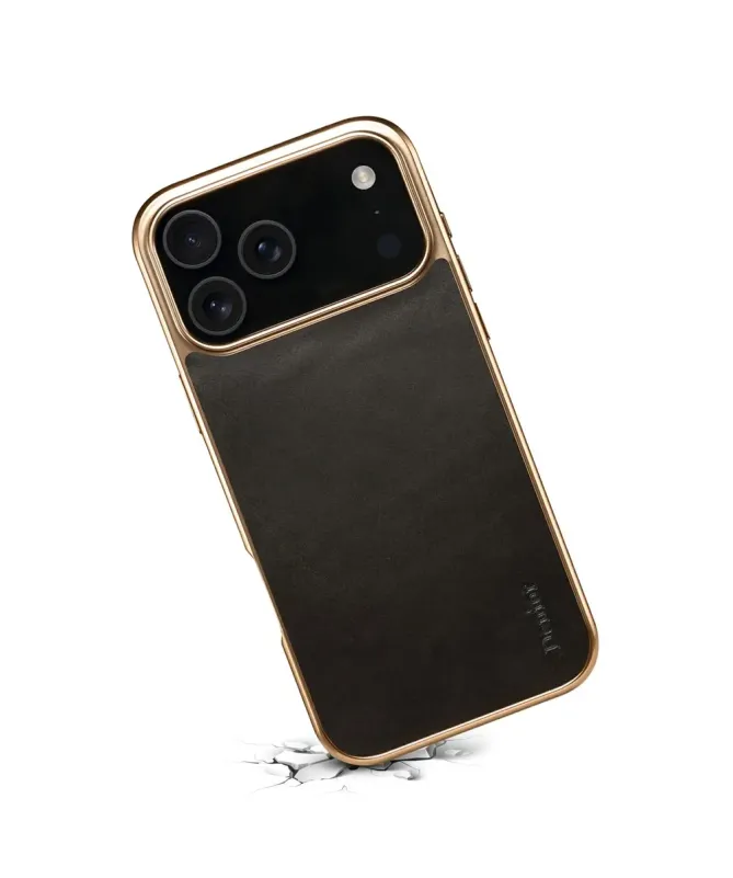 Coque iPhone 17 Pro Max Cuir Ciré et Contours Dorés