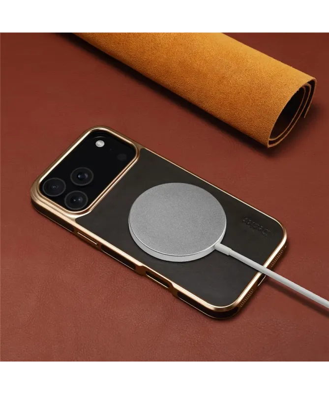 Coque iPhone 17 Pro Max Cuir Ciré et Contours Dorés