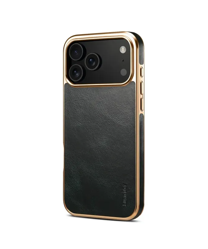 Coque iPhone 17 Pro Max Cuir Ciré et Contours Dorés