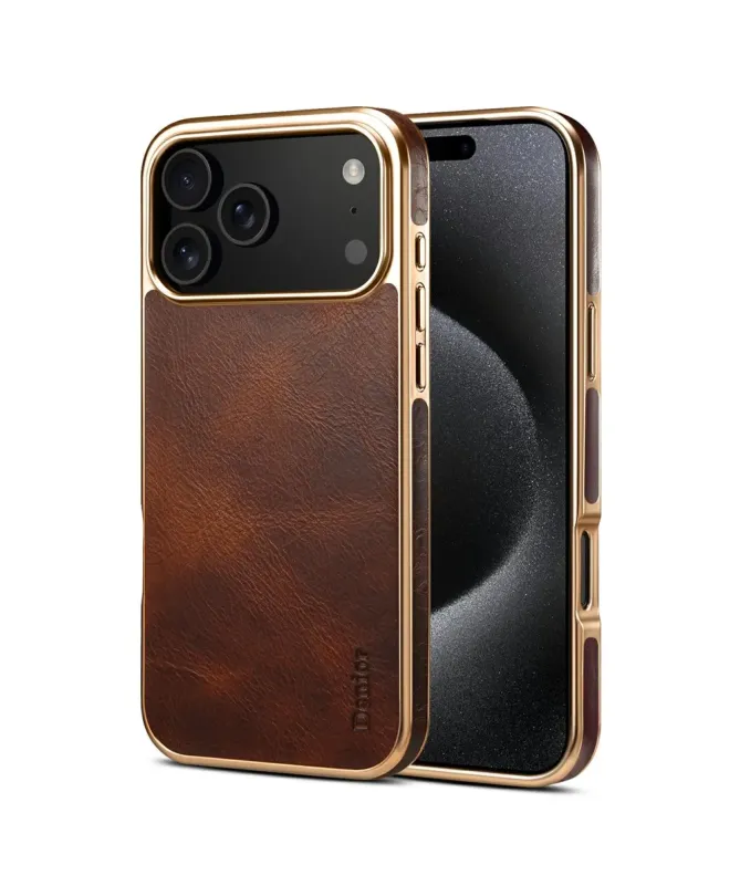 Coque iPhone 17 Pro Max Cuir Ciré et Contours Dorés