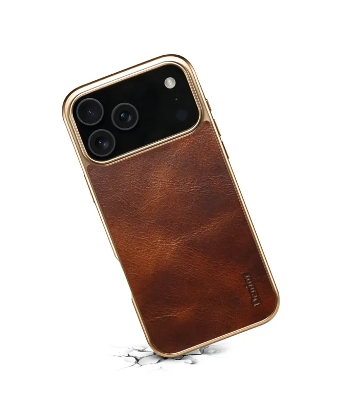 Coque iPhone 17 Pro Max Cuir Ciré et Contours Dorés