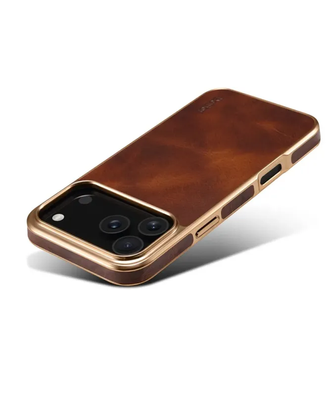 Coque iPhone 17 Pro Max Cuir Ciré et Contours Dorés