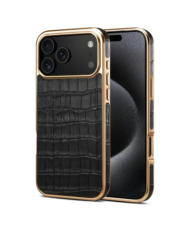 Coque iPhone 17 Pro Max Crocodile Luxe en Cuir Véritable Doré