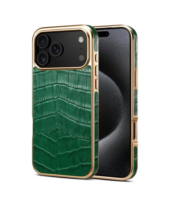 Coque iPhone 17 Pro Max Crocodile Luxe en Cuir Véritable Doré