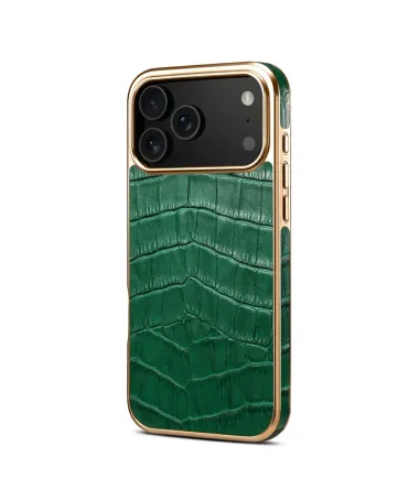 Coque iPhone 17 Pro Max Crocodile Luxe en Cuir Véritable Doré Vert foncé - photo 8