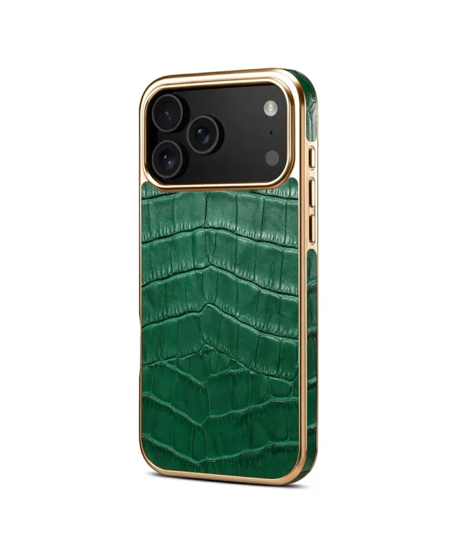Coque iPhone 17 Pro Max Crocodile Luxe en Cuir Véritable Doré