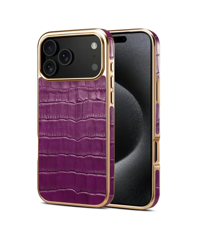 Coque iPhone 17 Pro Max Crocodile Luxe en Cuir Véritable Doré