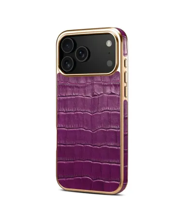 Coque iPhone 17 Pro Max Crocodile Luxe en Cuir Véritable Doré Violet - photo 14