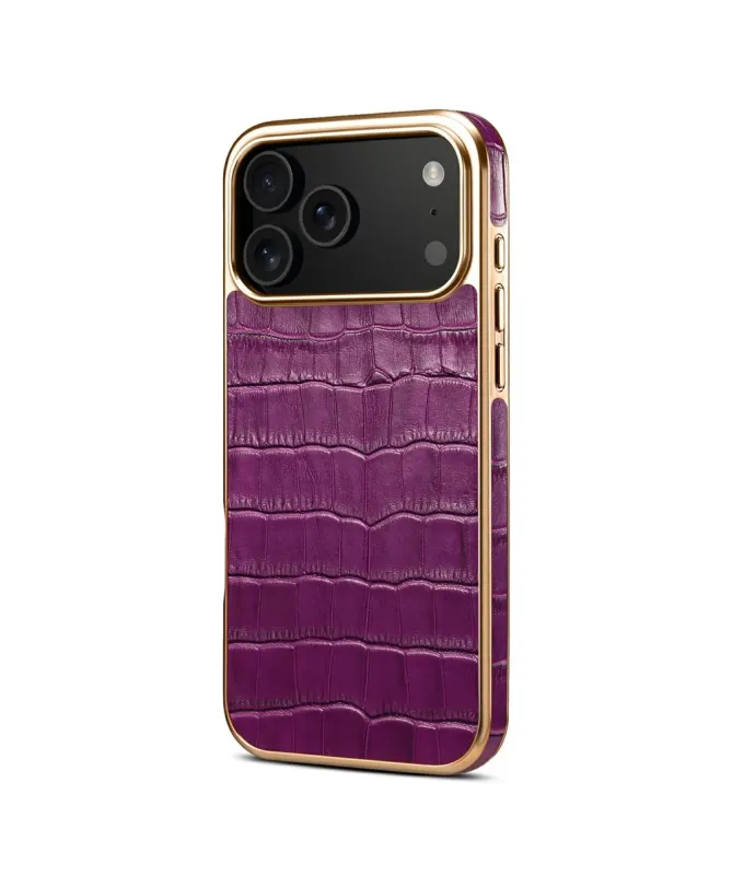 Coque iPhone 17 Pro Max Crocodile Luxe en Cuir Véritable Doré