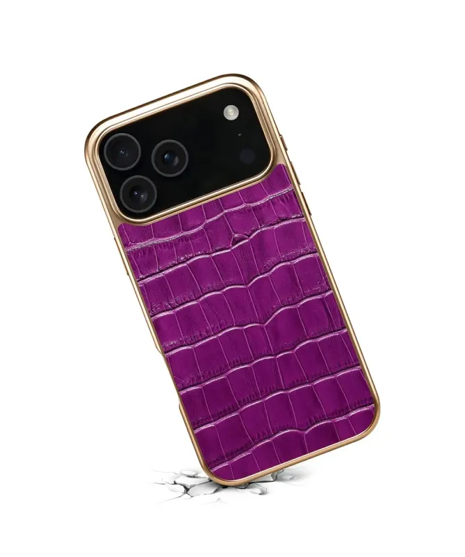 Coque iPhone 17 Pro Max Crocodile Luxe en Cuir Véritable Doré