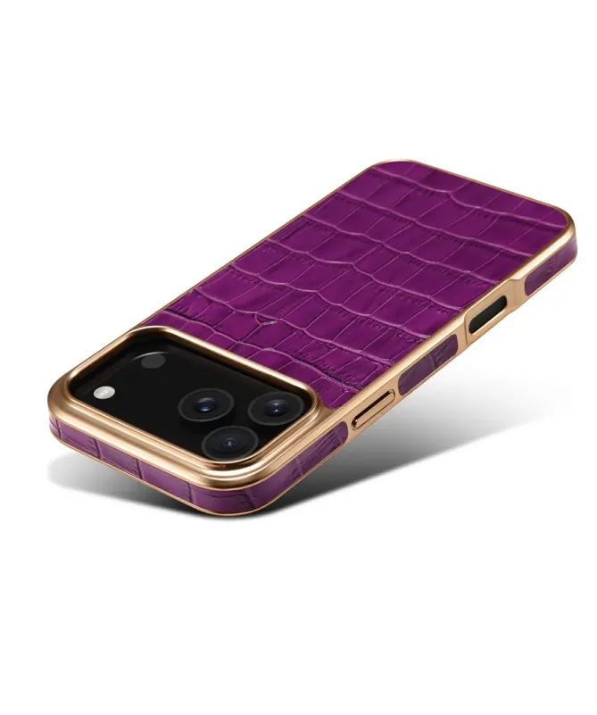 Coque iPhone 17 Pro Max Crocodile Luxe en Cuir Véritable Doré