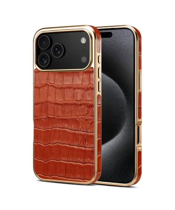Coque iPhone 17 Pro Max Crocodile Luxe en Cuir Véritable Doré