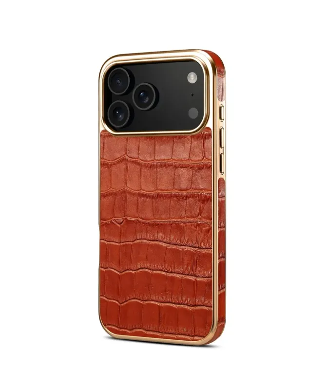 Coque iPhone 17 Pro Max Crocodile Luxe en Cuir Véritable Doré