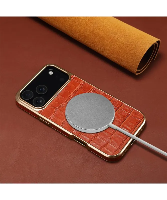 Coque iPhone 17 Pro Max Crocodile Luxe en Cuir Véritable Doré