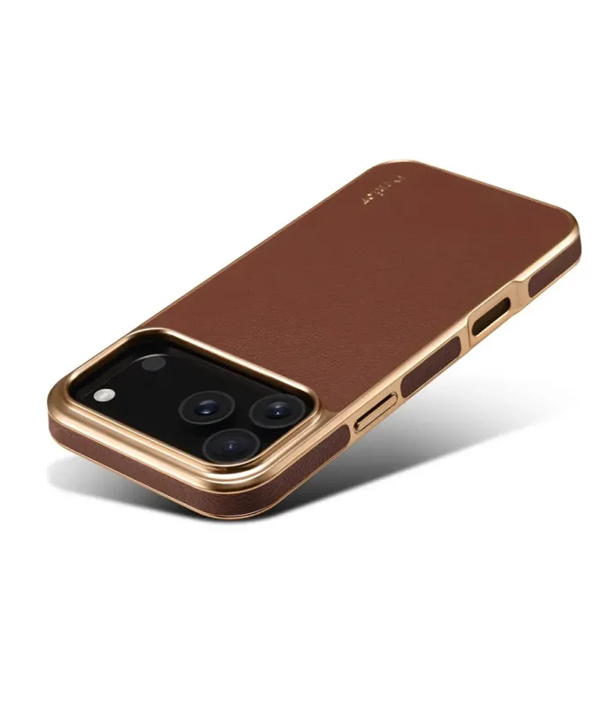 Coque iPhone 17 Pro Max "Prestige" en Cuir Véritable Doré