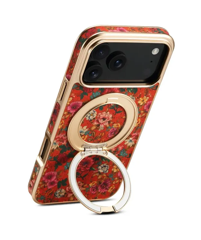 Coque iPhone 17 Pro Max "Bouquet Écarlate" avec Anneau-Support Doré