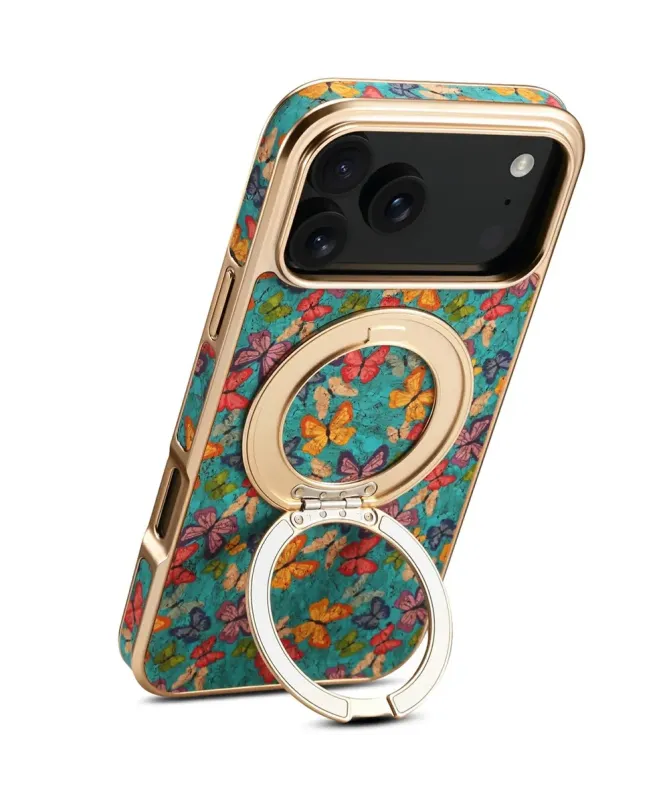 Coque iPhone 17 Pro Max "Papillons" avec Anneau-Support Doré