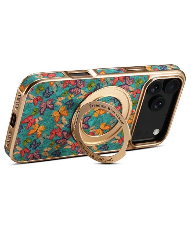 Coque iPhone 17 Pro Max "Papillons" avec Anneau-Support Doré