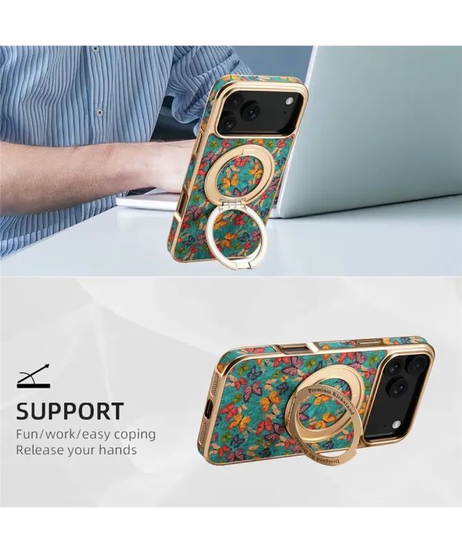 Coque iPhone 17 Pro Max "Papillons" avec Anneau-Support Doré