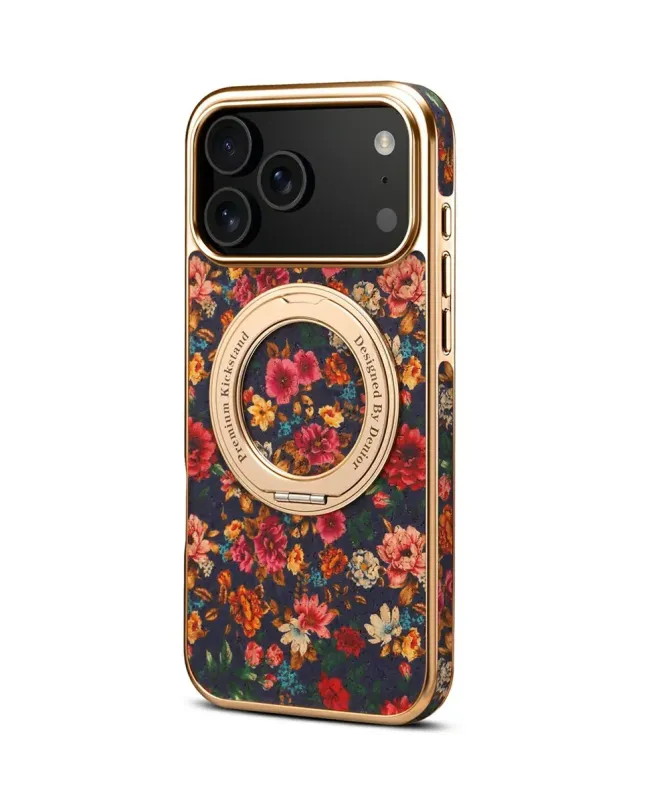 Coque iPhone 17 Pro Max "Fleurs Vintage" avec Anneau-Support Doré