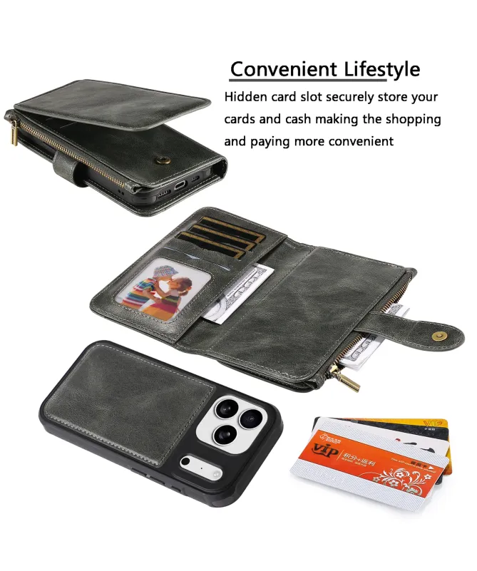 Housse iPhone 17 Pro Max Portefeuille Zippé Détachable