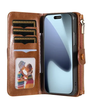 Housse iPhone 17 Pro Max Portefeuille Zippé Détachable Marron Clair - photo 13