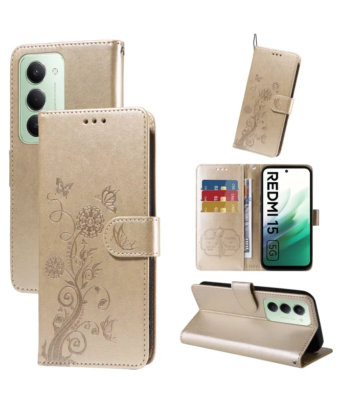 Housse Portefeuille Xiaomi Redmi 15 4G Fleurs et Papillons
