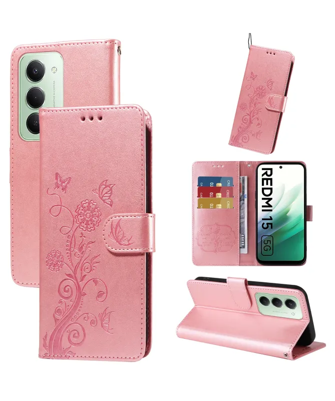 Housse Portefeuille Xiaomi Redmi 15 4G Fleurs et Papillons