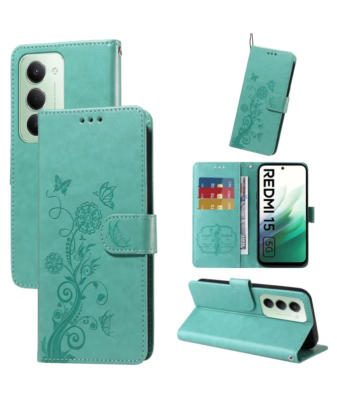 Housse Portefeuille Xiaomi Redmi 15 4G Fleurs et Papillons