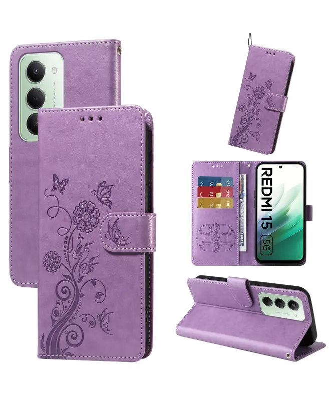 Housse Portefeuille Xiaomi Redmi 15 4G Fleurs et Papillons