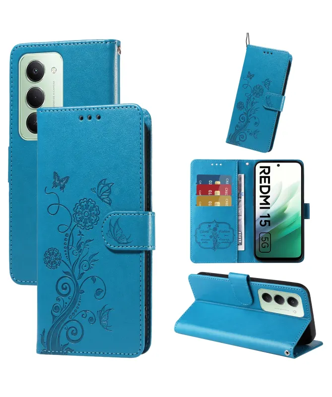 Housse Portefeuille Xiaomi Redmi 15 4G Fleurs et Papillons