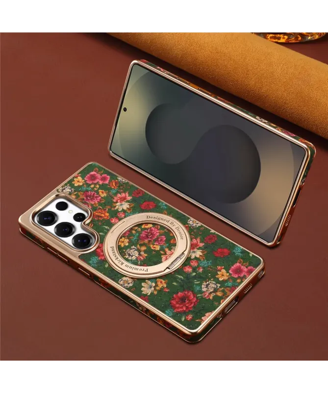 Coque Samsung Galaxy S25 Ultra Jardin Anglais avec Anneau-Support Doré