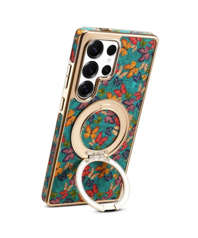 Coque Samsung Galaxy S25 Ultra Papillons avec Anneau-Support Doré