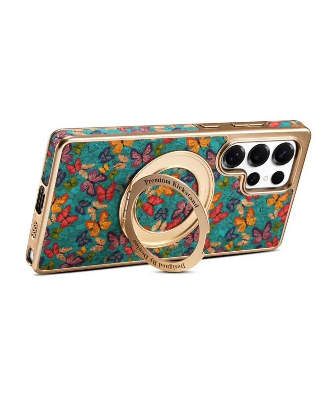 Coque Samsung Galaxy S25 Ultra Papillons avec Anneau-Support Doré