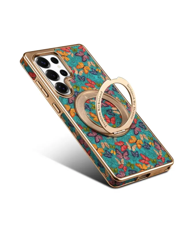 Coque Samsung Galaxy S25 Ultra Papillons avec Anneau-Support Doré