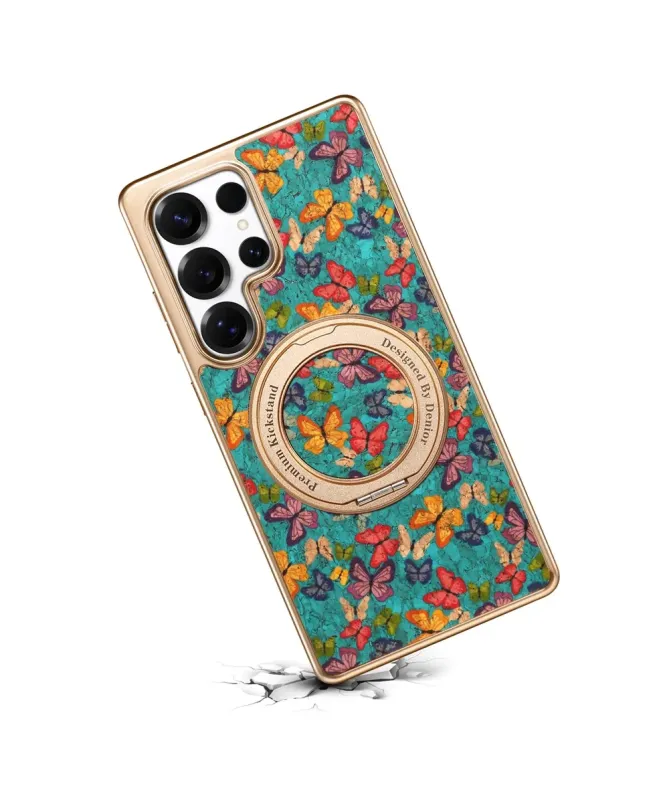 Coque Samsung Galaxy S25 Ultra Papillons avec Anneau-Support Doré