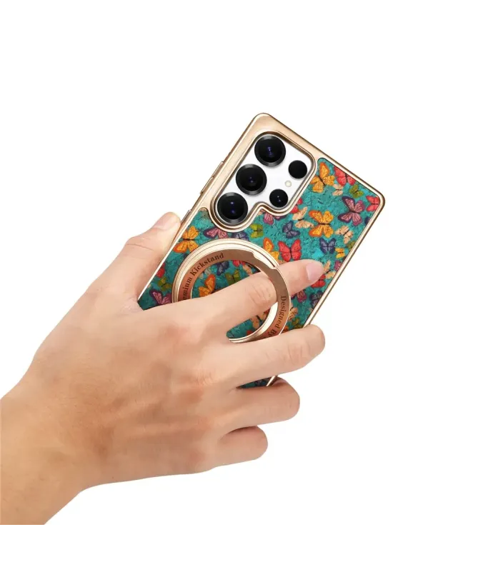 Coque Samsung Galaxy S25 Ultra Papillons avec Anneau-Support Doré