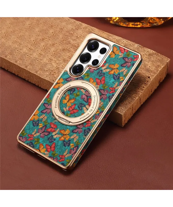 Coque Samsung Galaxy S25 Ultra Papillons avec Anneau-Support Doré